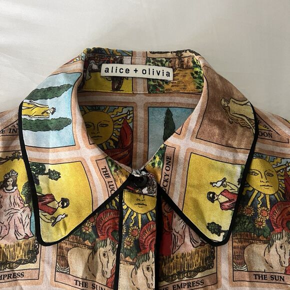 Alice + Olivia Alfie Tarot Card Silk Button Down Blouse Mystical Print Shirt XS - Picture 3 of 7